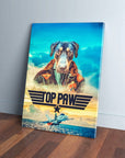 Personalized 'Top Paw' pet canvas featuring a dog in a pilot jacket, with a jet and clouds.