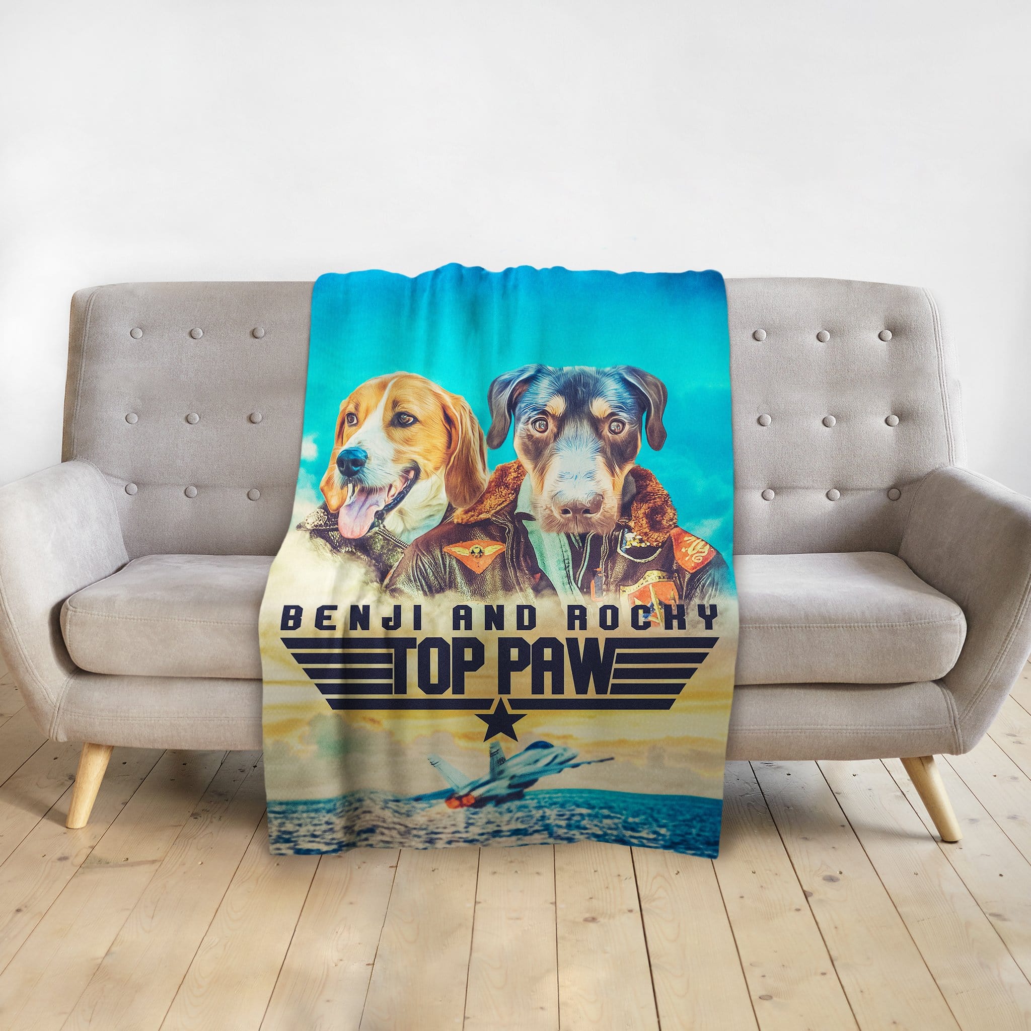 Personalized "Top Paw" blanket with two dogs in pilot outfits, set against a sky and ocean backdrop.