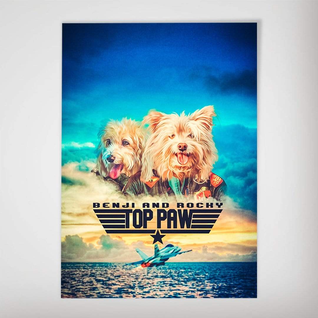 Personalized Top Paw poster featuring two dogs in pilot uniforms against a cloudy sky with a jet.