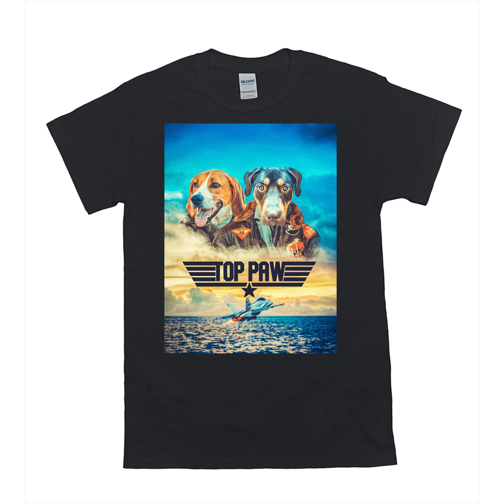 Black Gildan t-shirt with a "Top Paw" design featuring two dogs in pilot gear over an ocean scene.