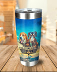 Personalized stainless steel tumbler with two custom pet portraits in a "Top Paw" movie poster style.