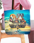 Personalized Top Paw tote bag with two dogs in pilot outfits and a jet flying over water.
