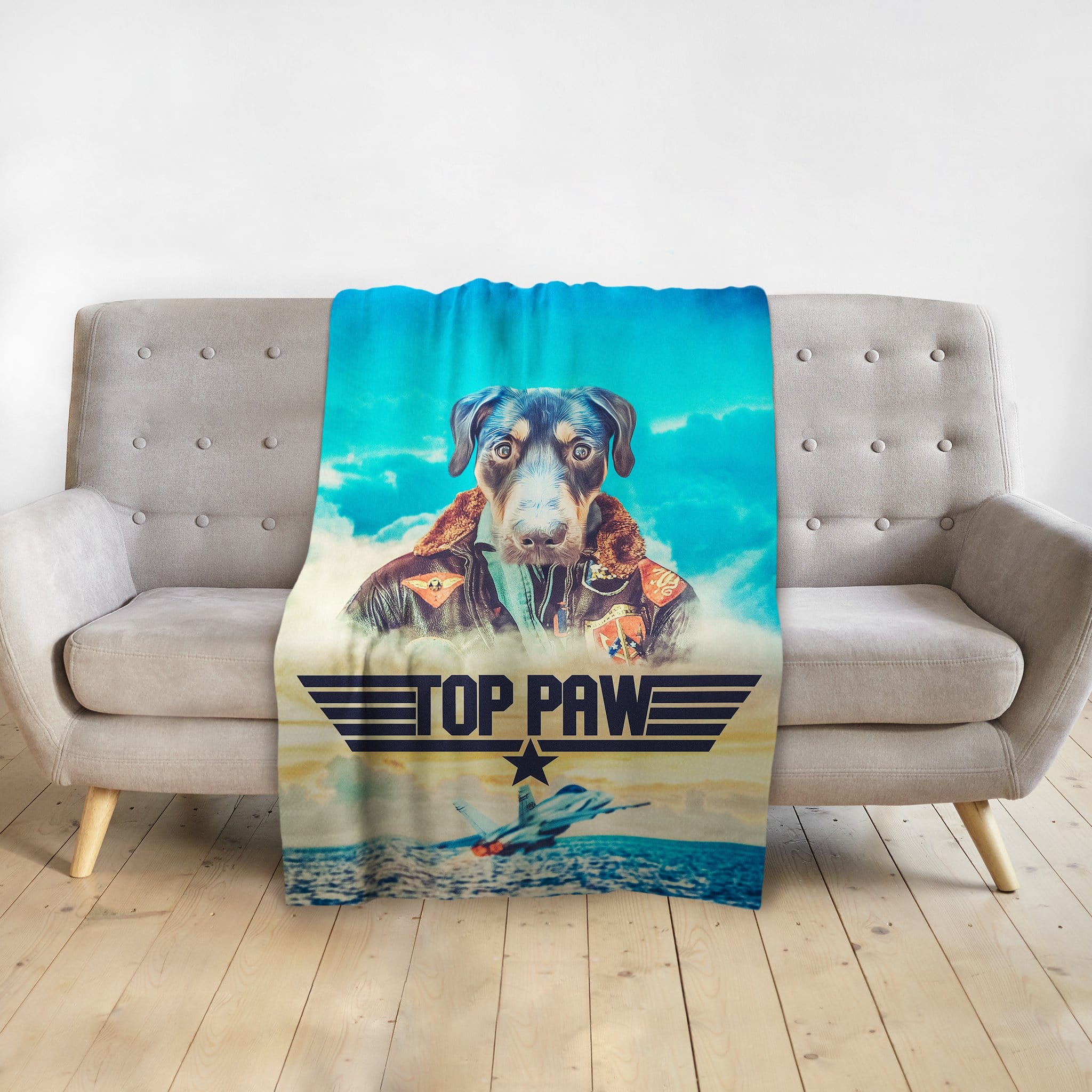Personalized pet blanket with a Doggovinci portrait of a dog in a pilot uniform.