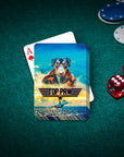 Personalized "Top Paw" playing cards featuring a custom dog portrait in a pilot uniform, on a green felt table.