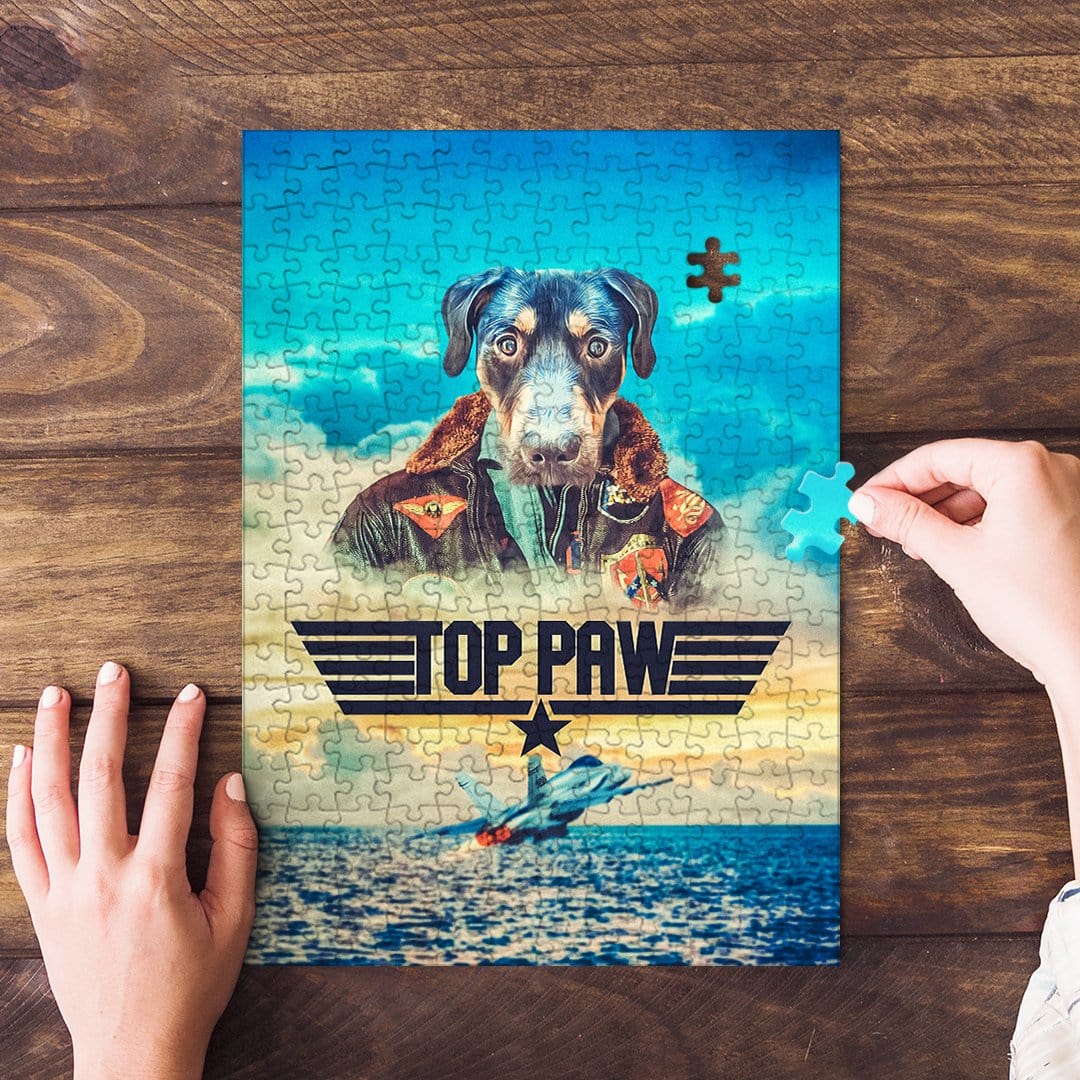 Personalized pet puzzle featuring a dog in a pilot uniform with "Top Paw" logo, on a wooden table.