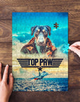 Personalized pet puzzle featuring a dog in a pilot uniform with "Top Paw" logo, on a wooden table.