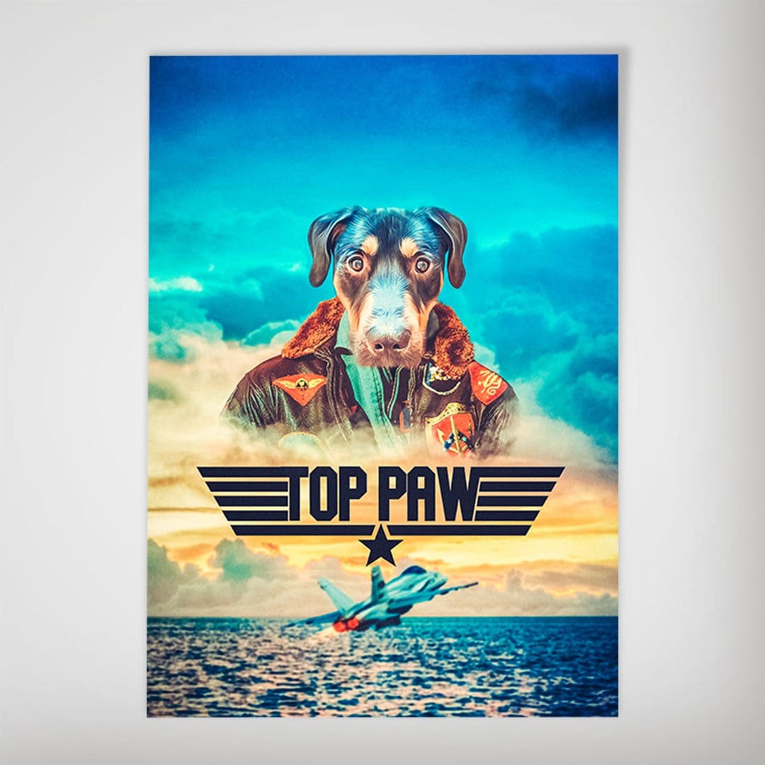Personalized Top Paw poster featuring a dog in a pilot jacket, clouds, fighter jet, and ocean.