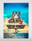 Personalized Top Paw poster featuring a dog in a pilot jacket, clouds, fighter jet, and ocean.