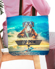 Personalized Top Paw tote bag with a dog pet portrait in a pilot uniform, against a sky background.