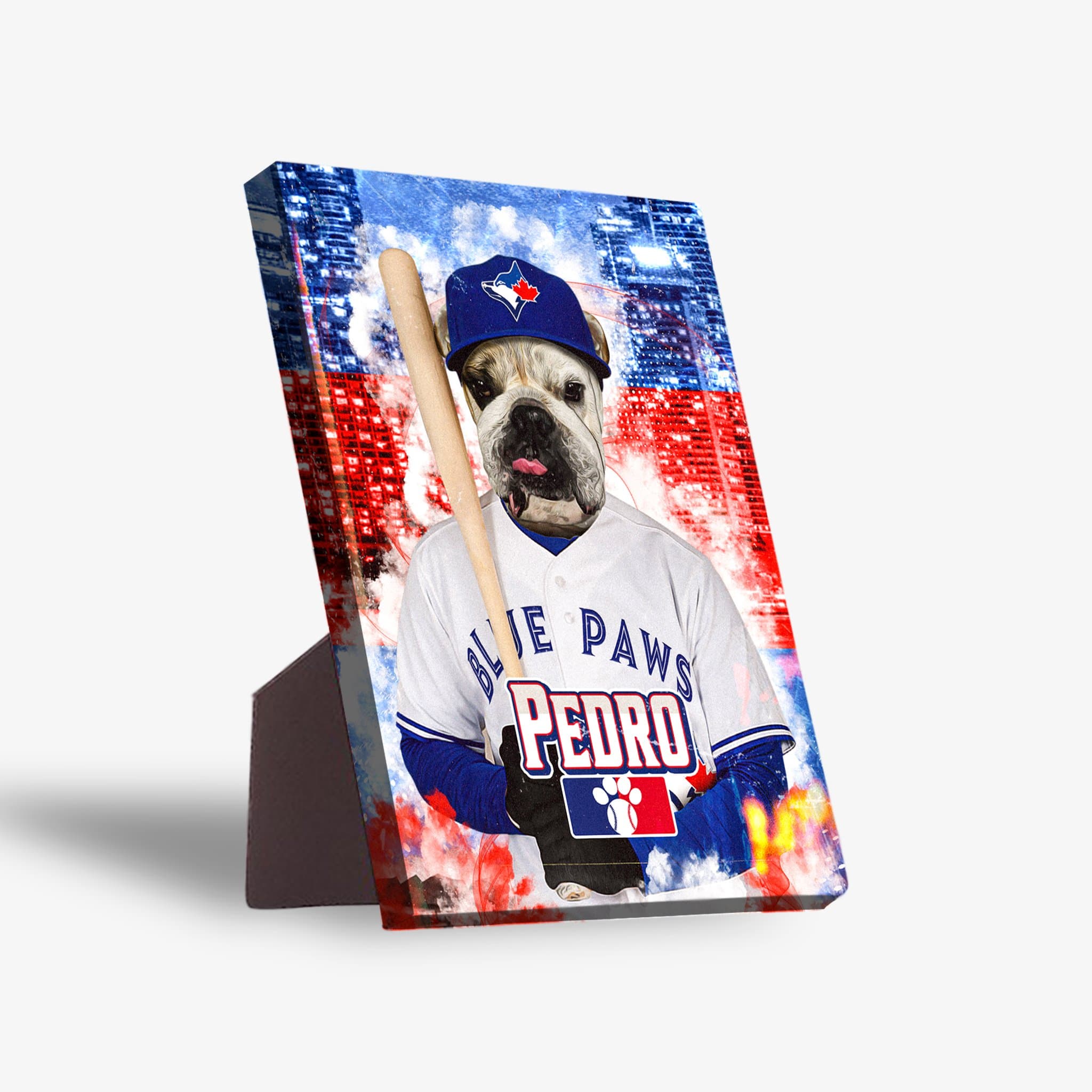 Personalized pet standing canvas featuring a bulldog in a Toronto Blue Jays baseball uniform, holding a bat, against a city skyline.