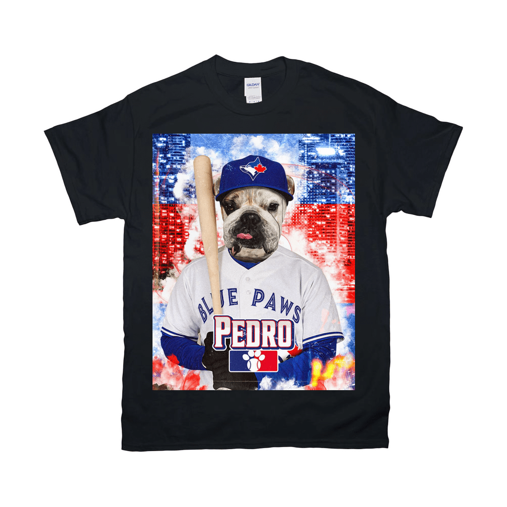 Black Gildan t-shirt featuring a bulldog in a Toronto Blue Jays baseball uniform holding a bat.