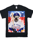 Black Gildan t-shirt featuring a bulldog in a Toronto Blue Jays baseball uniform holding a bat.