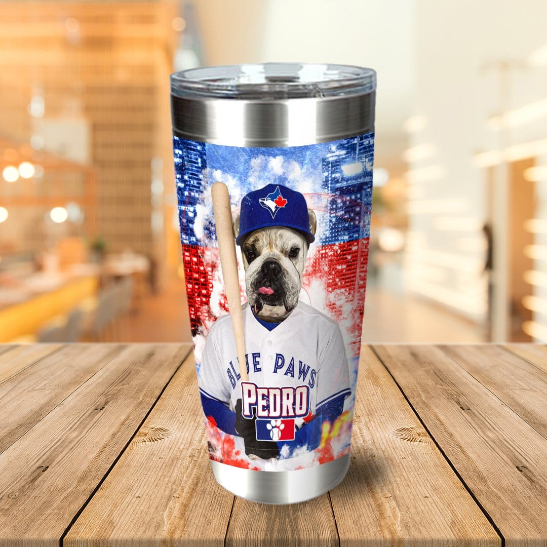 Personalized stainless steel tumbler with a custom dog portrait in a Toronto Blue Jays baseball uniform.
