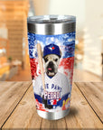Personalized stainless steel tumbler with a custom dog portrait in a Toronto Blue Jays baseball uniform.