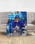 Custom pet blanket with a Rottweiler in a blue hockey uniform, Toronto skyline background.