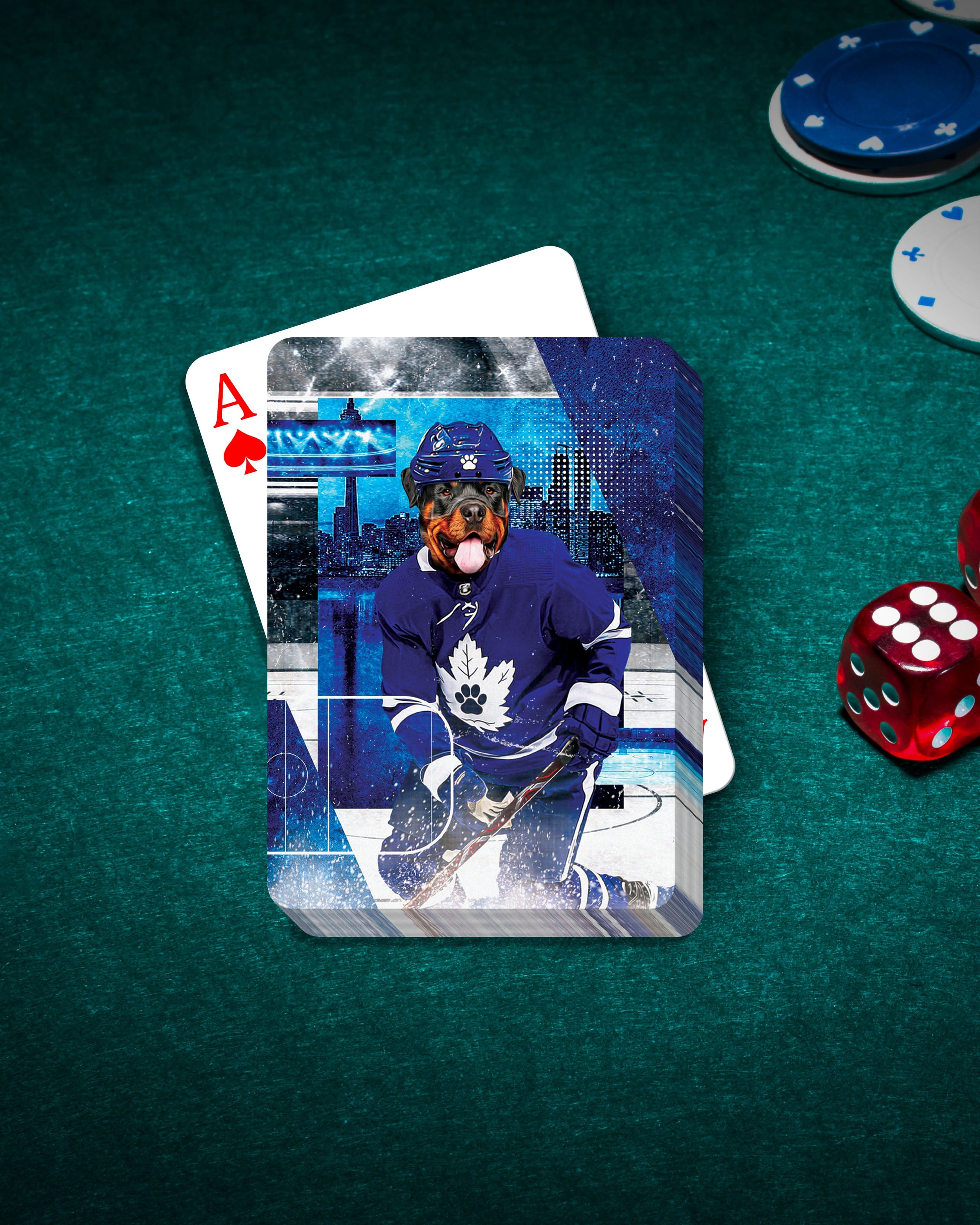 Personalized Toronto Maple Woofs playing card featuring a dog in a hockey uniform.