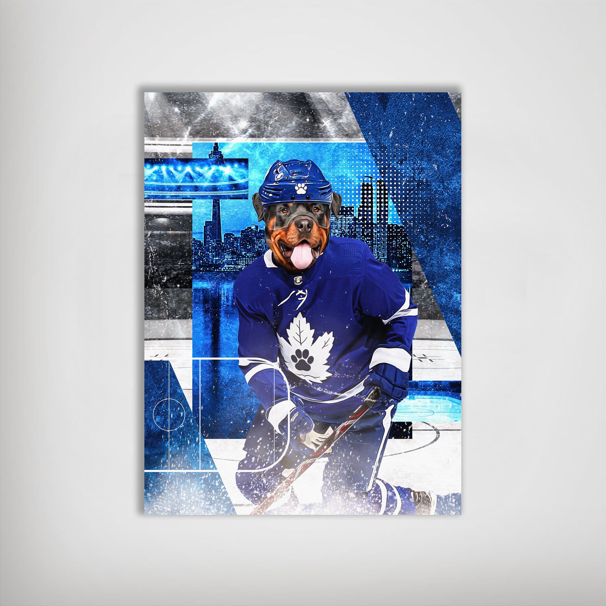 Personalized "Toronto Maple Woofs" poster featuring a Rottweiler in a blue hockey uniform, helmet, and stick.