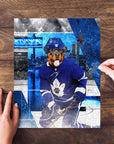 Personalized Toronto Maple Woofs pet puzzle featuring a Rottweiler in a hockey uniform.