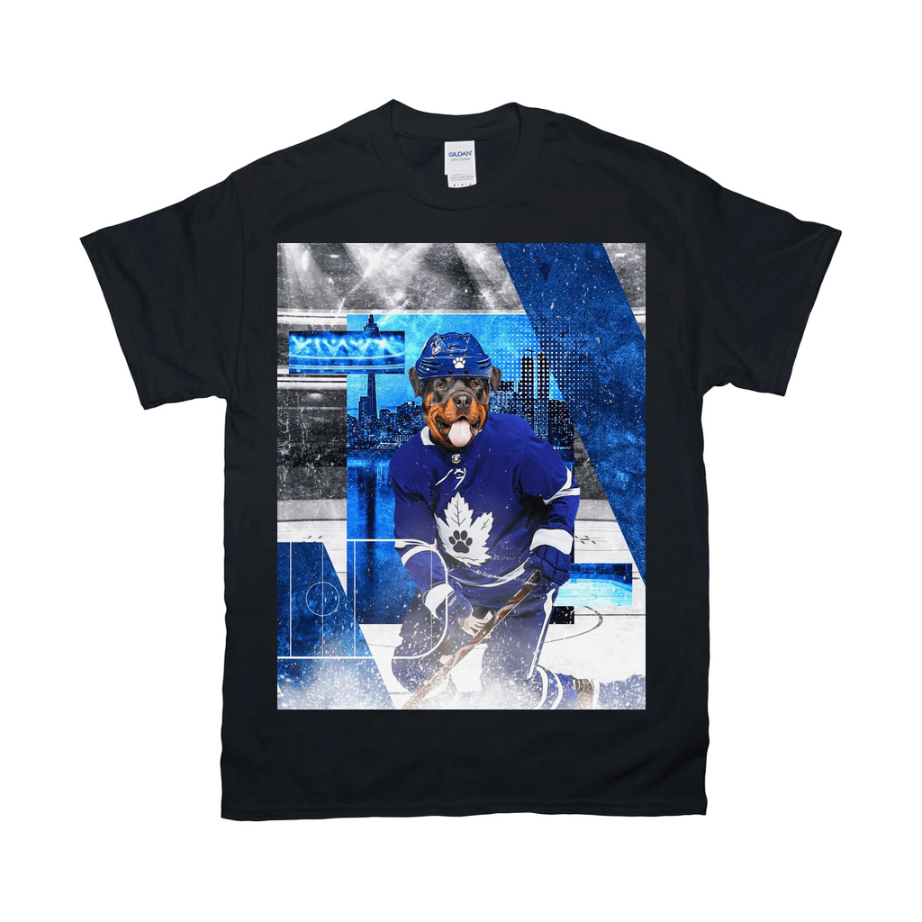 Black Gildan cotton t-shirt with a personalized graphic of a Rottweiler in a blue Maple Leafs hockey jersey.