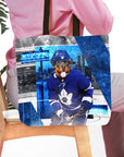 Personalized Toronto Maple Woofs tote bag with a Rottweiler pet portrait in a hockey uniform.