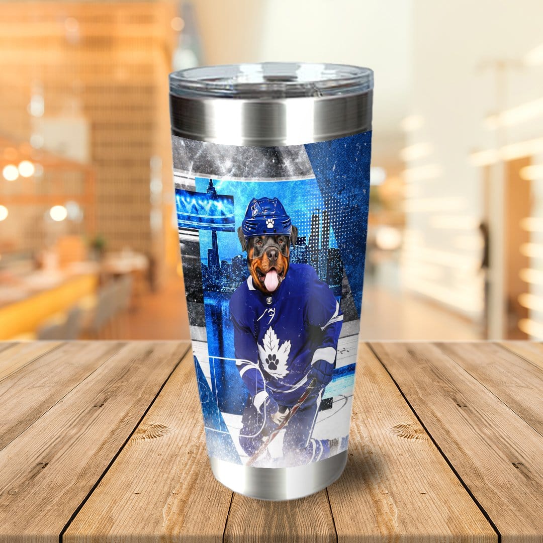 Personalized stainless steel tumbler with a custom dog portrait in a blue hockey uniform.