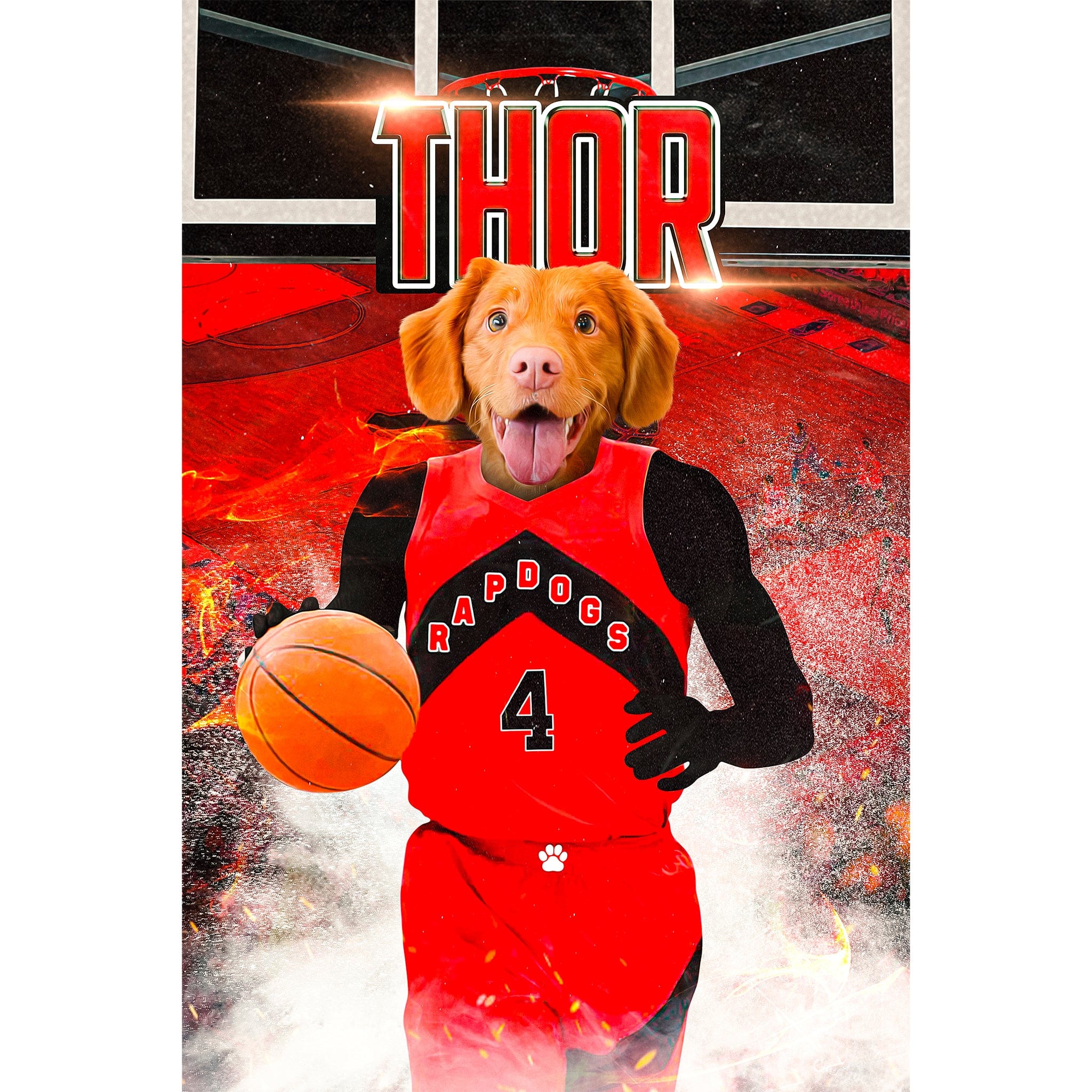 Personalized digital portrait of a dog in a red "Rapdogs" basketball jersey holding a ball.