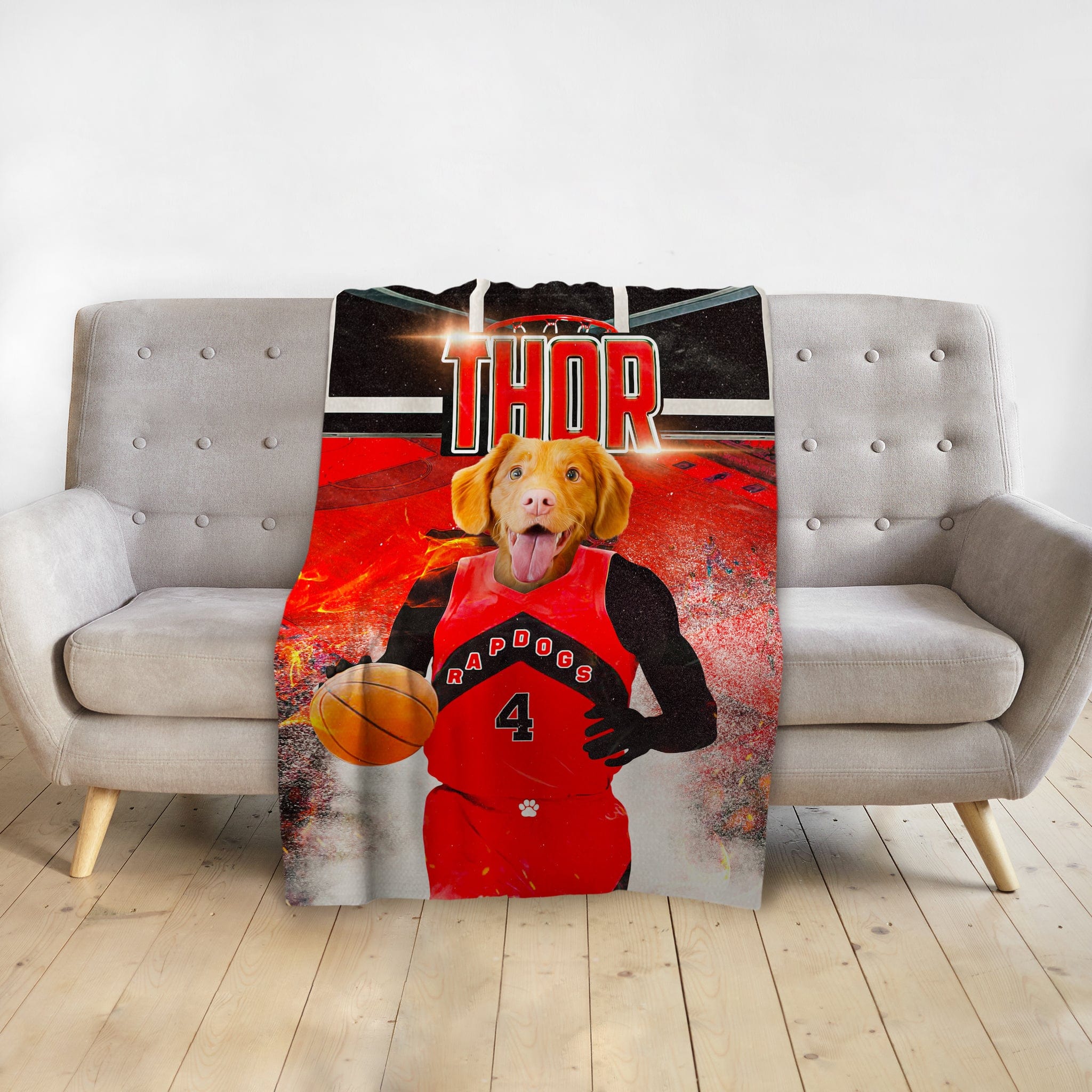 Personalized pet blanket with a dog's head on a basketball player's body, red and black design.