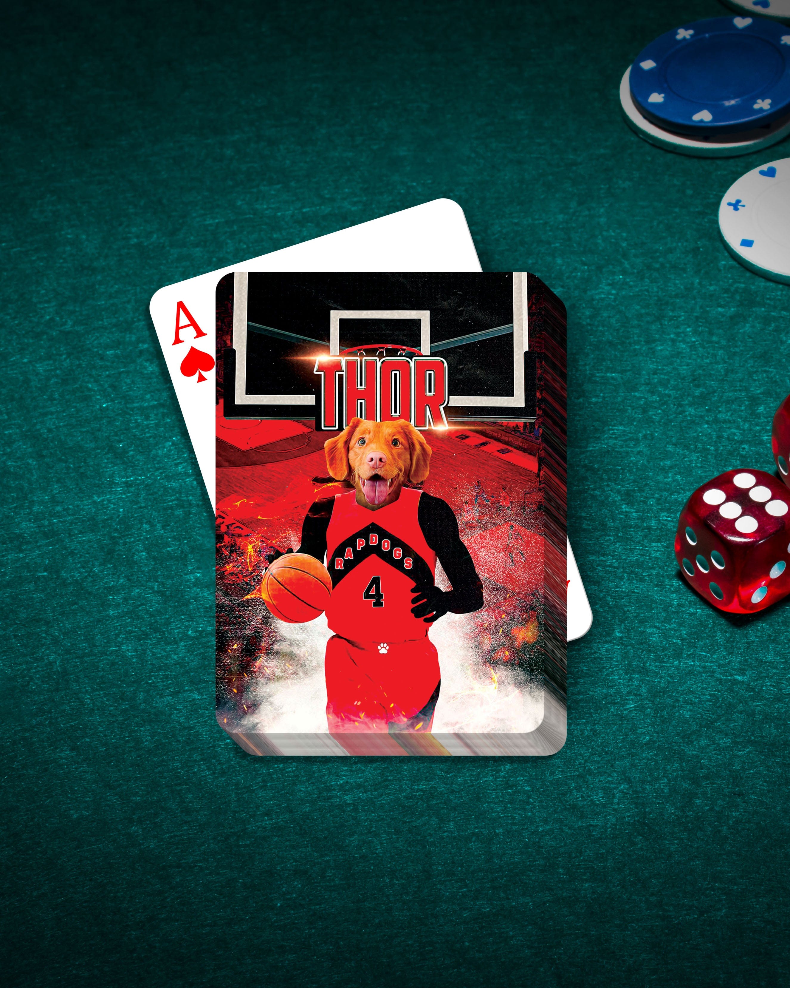 Personalized 'Toronto Rapdogs' playing cards featuring a dog in a basketball uniform on a green felt table with chips and dice.