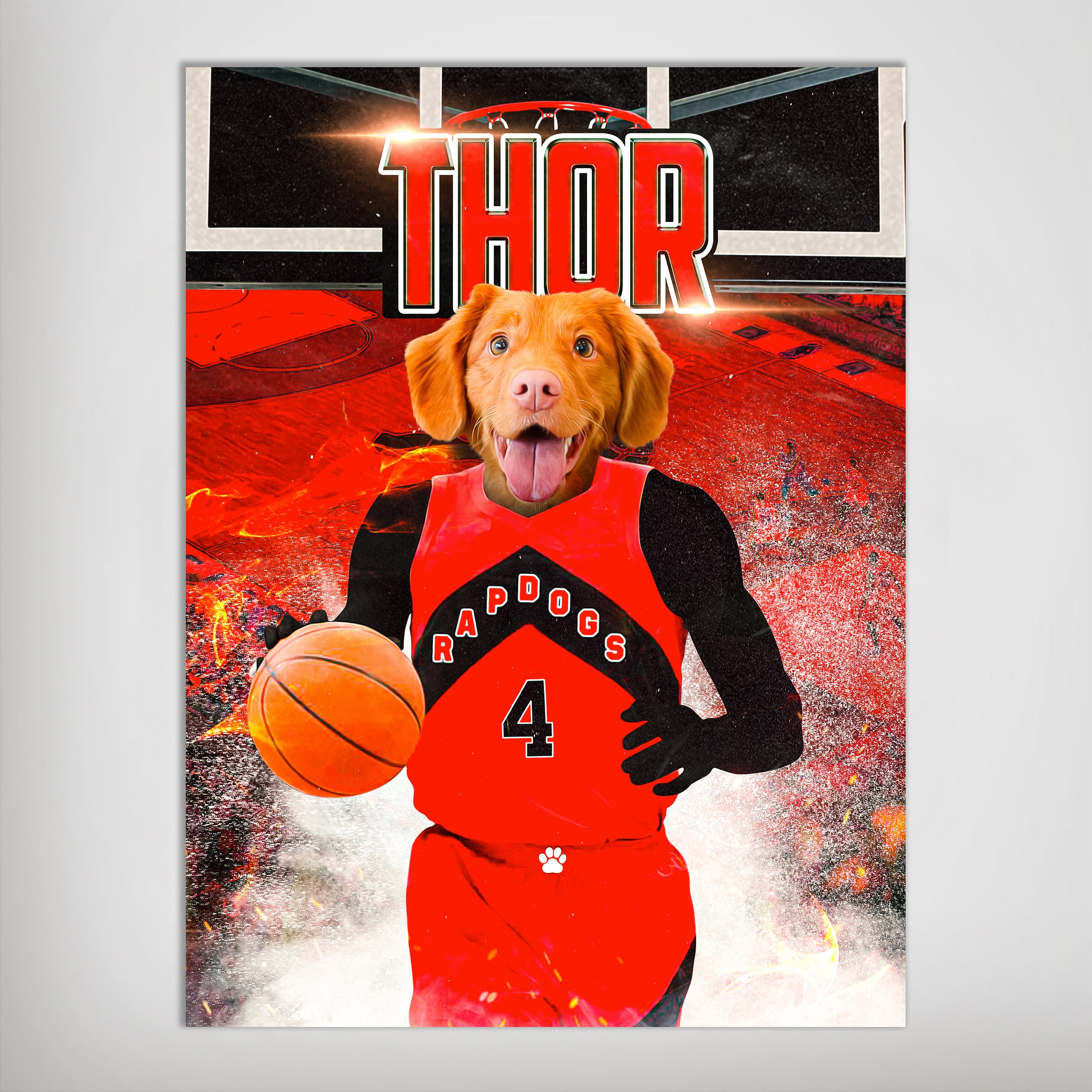 Personalized 'Toronto Rapdogs' pet poster featuring a dog in a red basketball jersey holding a ball.