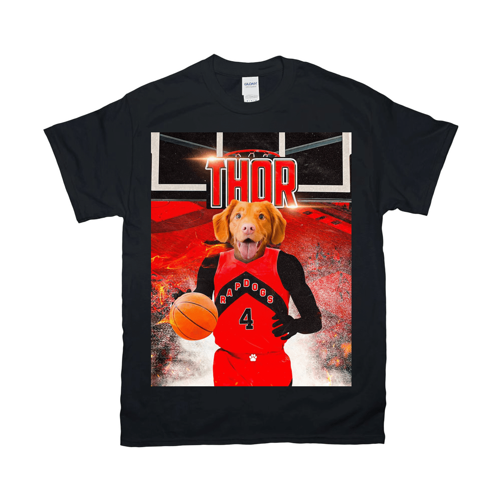Black Gildan t-shirt featuring a dog in a red "Rapdogs" basketball jersey holding a ball.