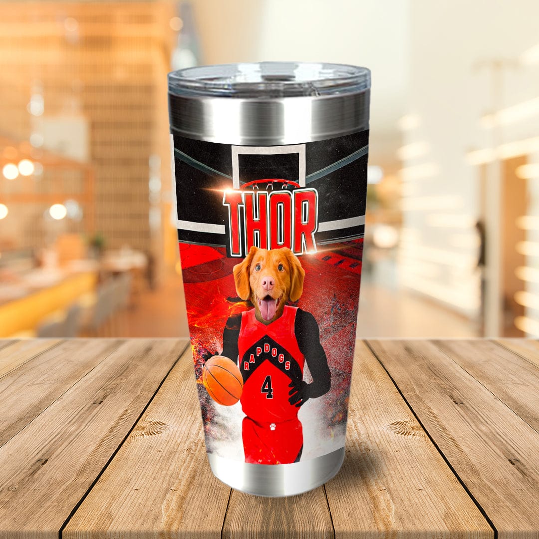 Personalized stainless steel tumbler featuring a dog in a red basketball uniform with "THOR" and "RAPDOGS" text.