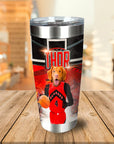 Personalized stainless steel tumbler featuring a dog in a red basketball uniform with "THOR" and "RAPDOGS" text.