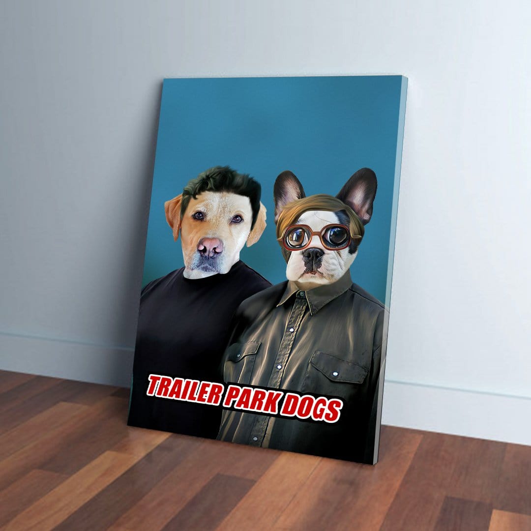 Personalized "Trailer Park Dogs" canvas featuring two pets in human clothes on a blue background.
