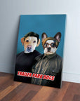 Personalized "Trailer Park Dogs" canvas featuring two pets in human clothes on a blue background.