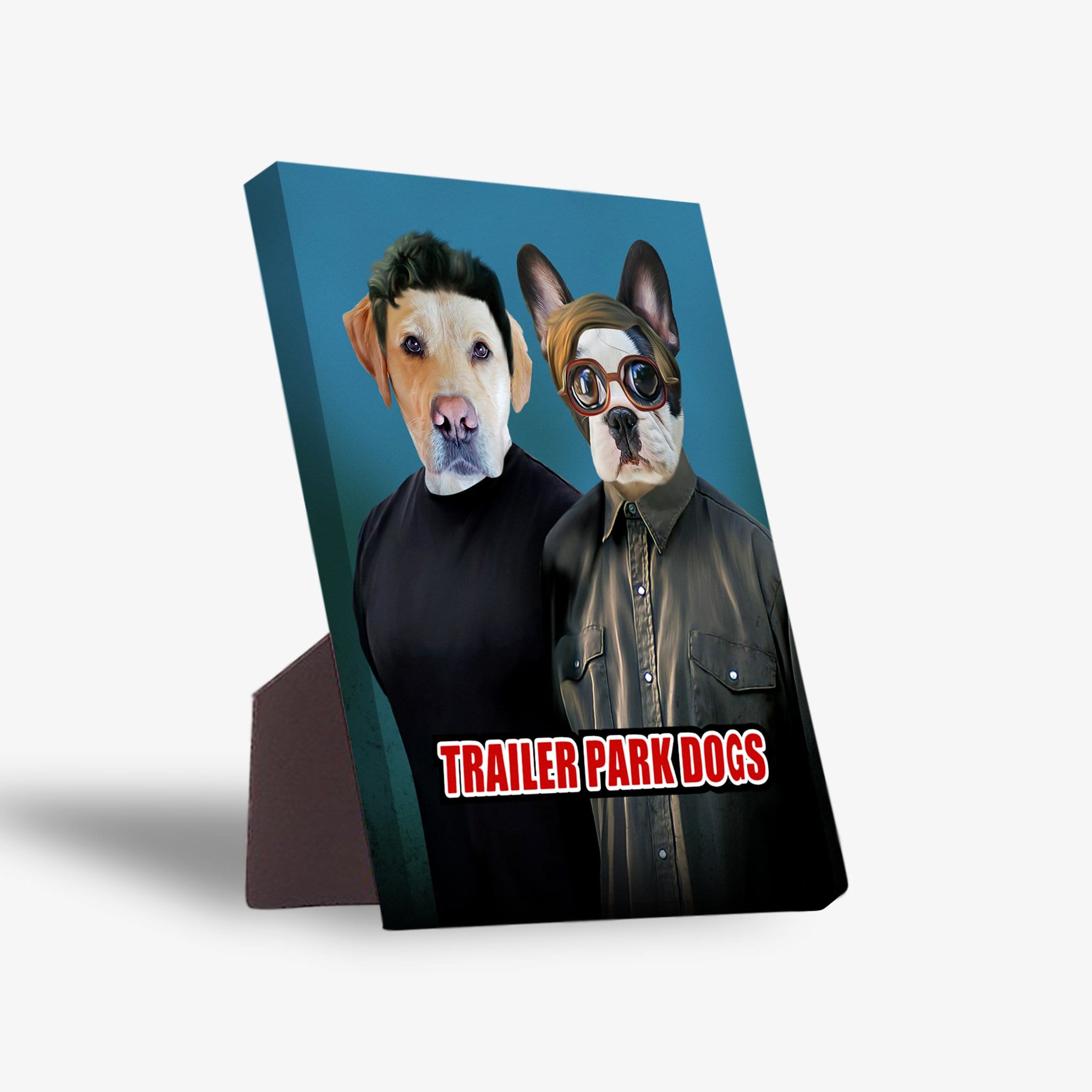 Personalized 'Trailer Park Dogs' standing canvas featuring two pets in human clothes on a blue background.