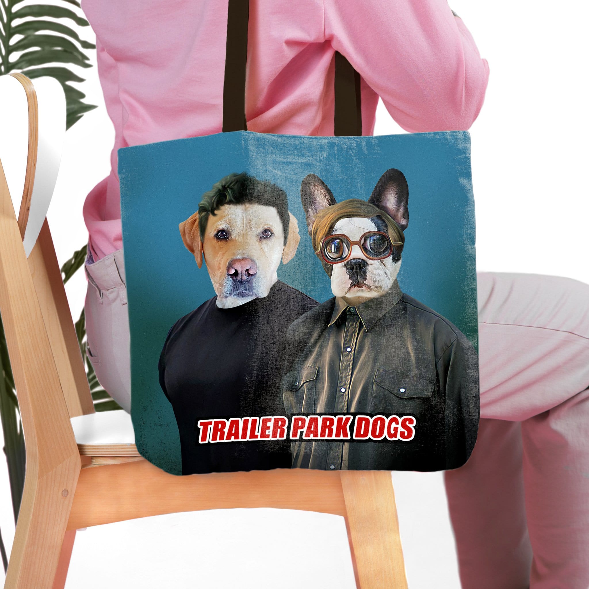 Personalized 'Trailer Park Dogs' tote bag with custom pet portraits of a Labrador and French Bulldog.