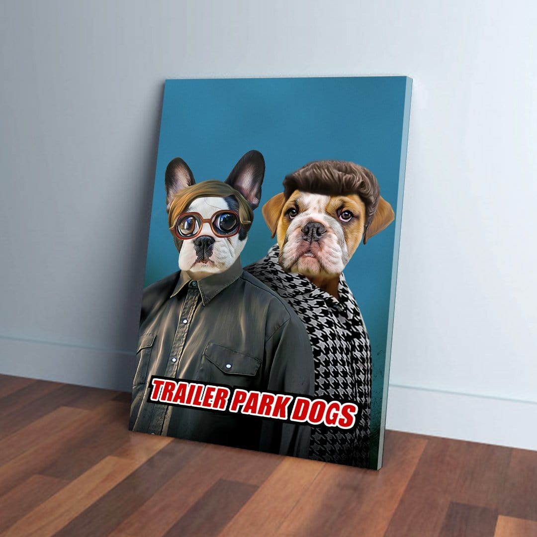 Personalized 'Trailer Park Dogs 2' canvas featuring two pets dressed as characters on a blue background.