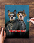 Personalized 2-pet puzzle featuring two dogs in "Trailer Park Dogs 2" style, on a wooden table.