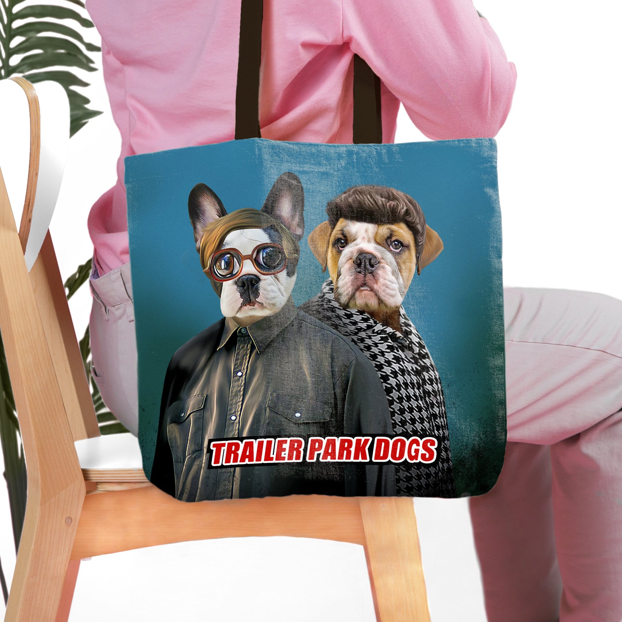Personalized 'Trailer Park Dogs 2' tote bag with custom pet portraits of a French Bulldog and Bulldog.
