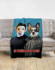 Personalized pet blanket with two dogs in "Trailer Park Dogs" renaissance-style portraits on a teal background.