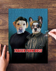 Custom personalized puzzle featuring two dogs in "Trailer Park Dogs" style on a blue background.