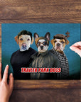 Personalized 'Trailer Park Dogs' puzzle featuring three custom pet portraits in human clothes.