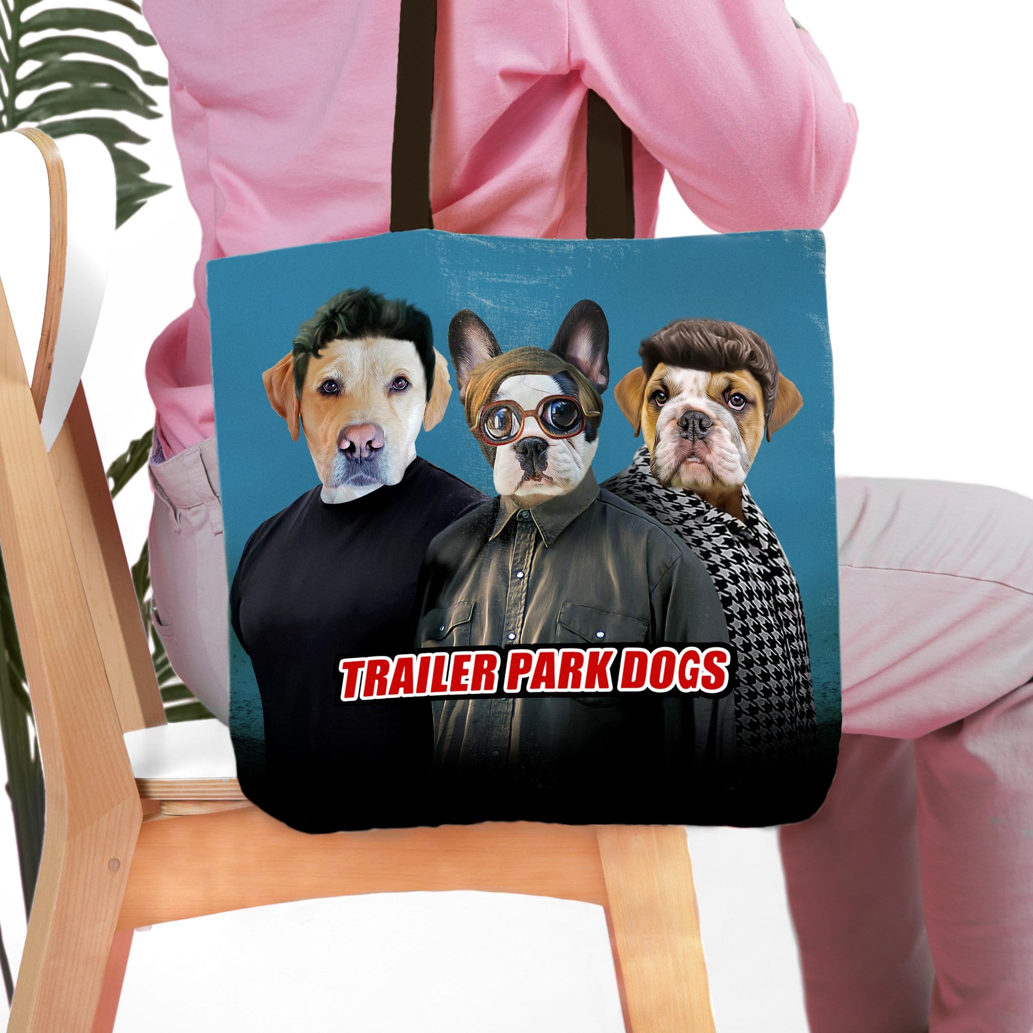 Personalized 'Trailer Park Dogs' 3-pet portrait tote bag with dogs in human clothing on a blue background.