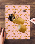 Personalized pet puzzle featuring a French Bulldog as a Twinkie on a pink background.