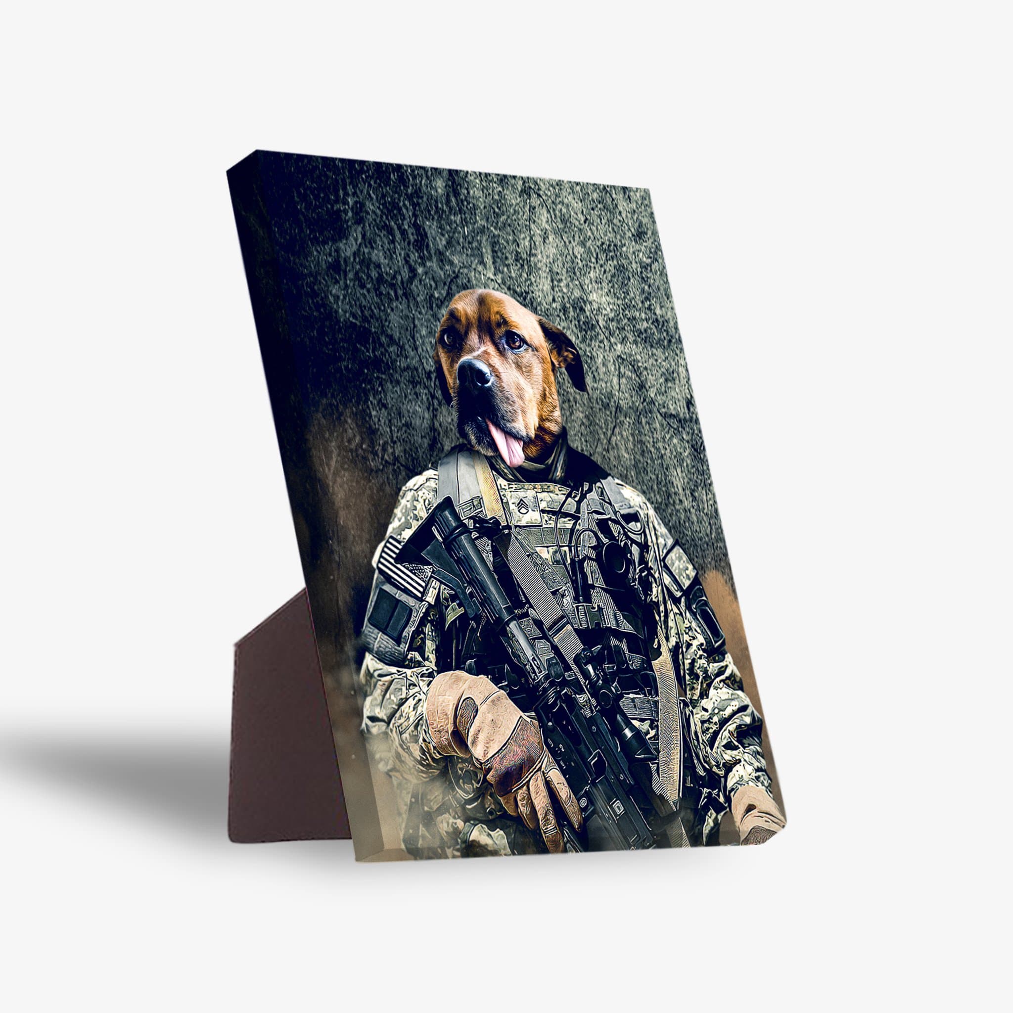 Personalized pet canvas featuring a dog's head on a US Army soldier's body in camouflage, with a sturdy stand.