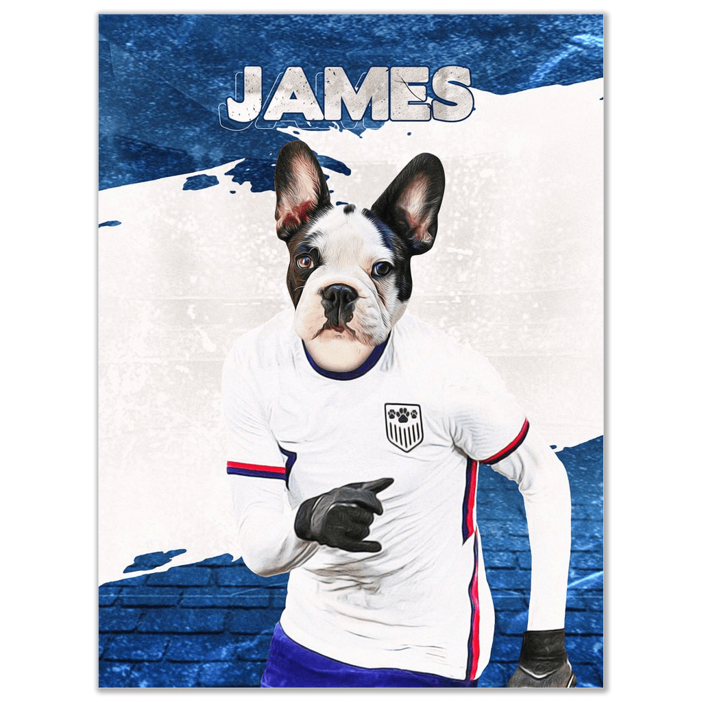 Personalized 'USA Doggos Soccer' poster featuring a French Bulldog in a white US soccer jersey, blue background.