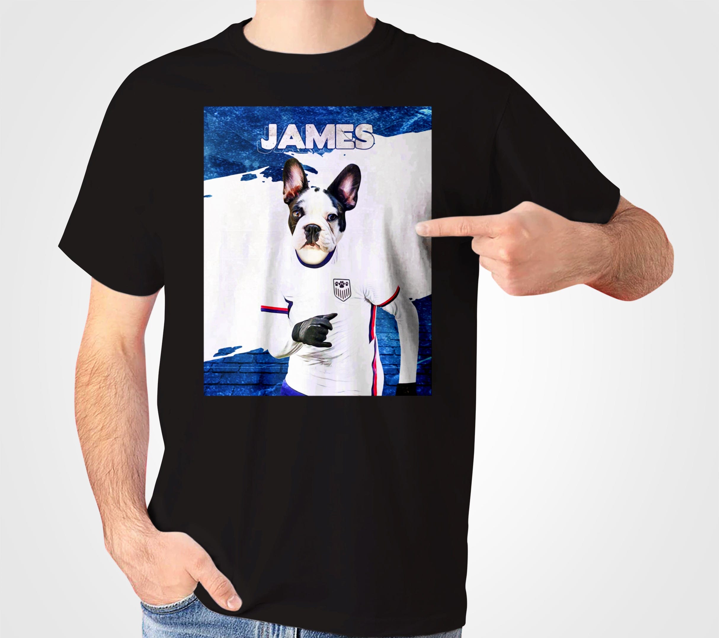 Black Gildan unisex t-shirt with a personalized French bulldog wearing a USA soccer jersey and "JAMES" text.