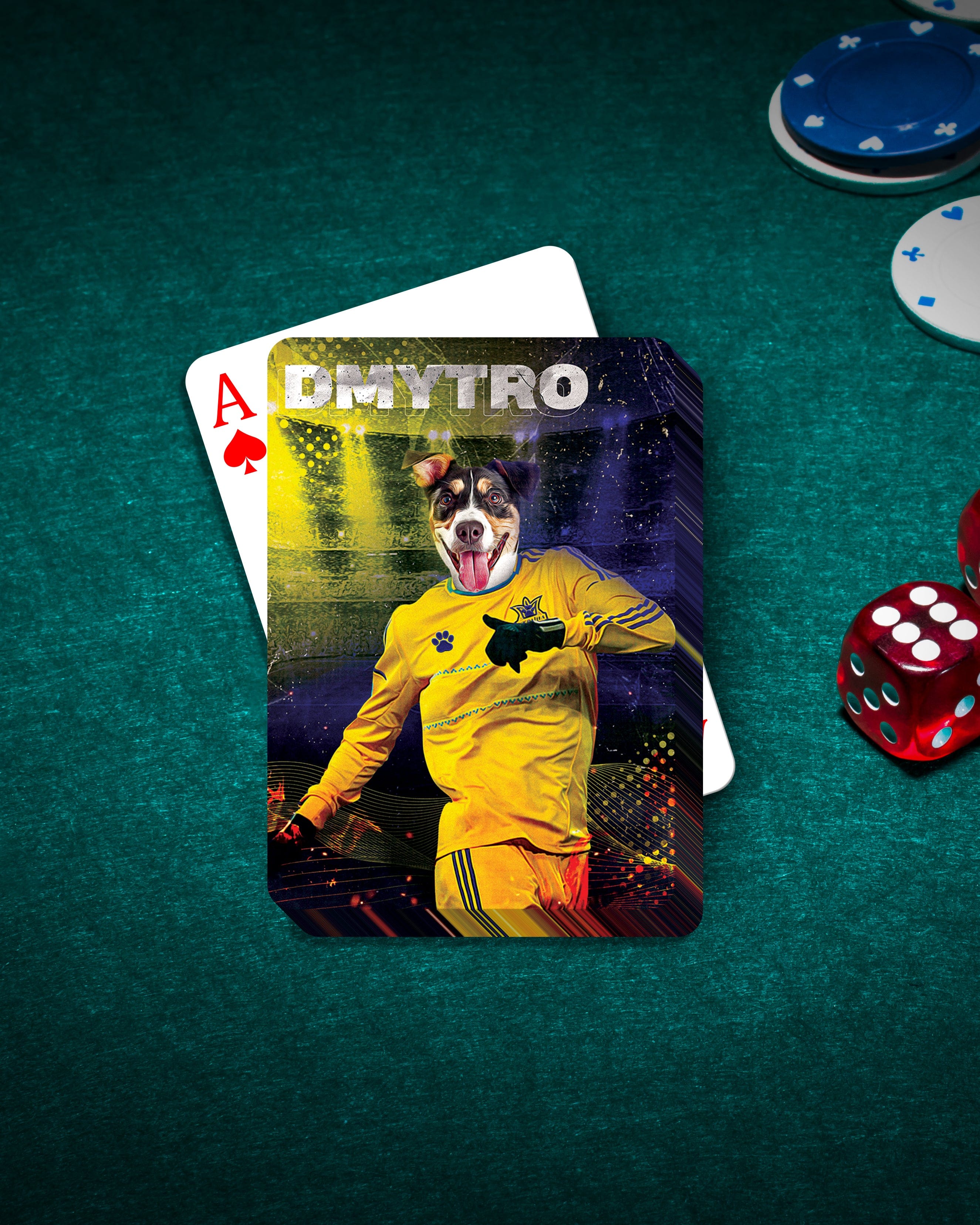 Personalized playing card featuring a dog in a yellow soccer uniform on a green poker table.