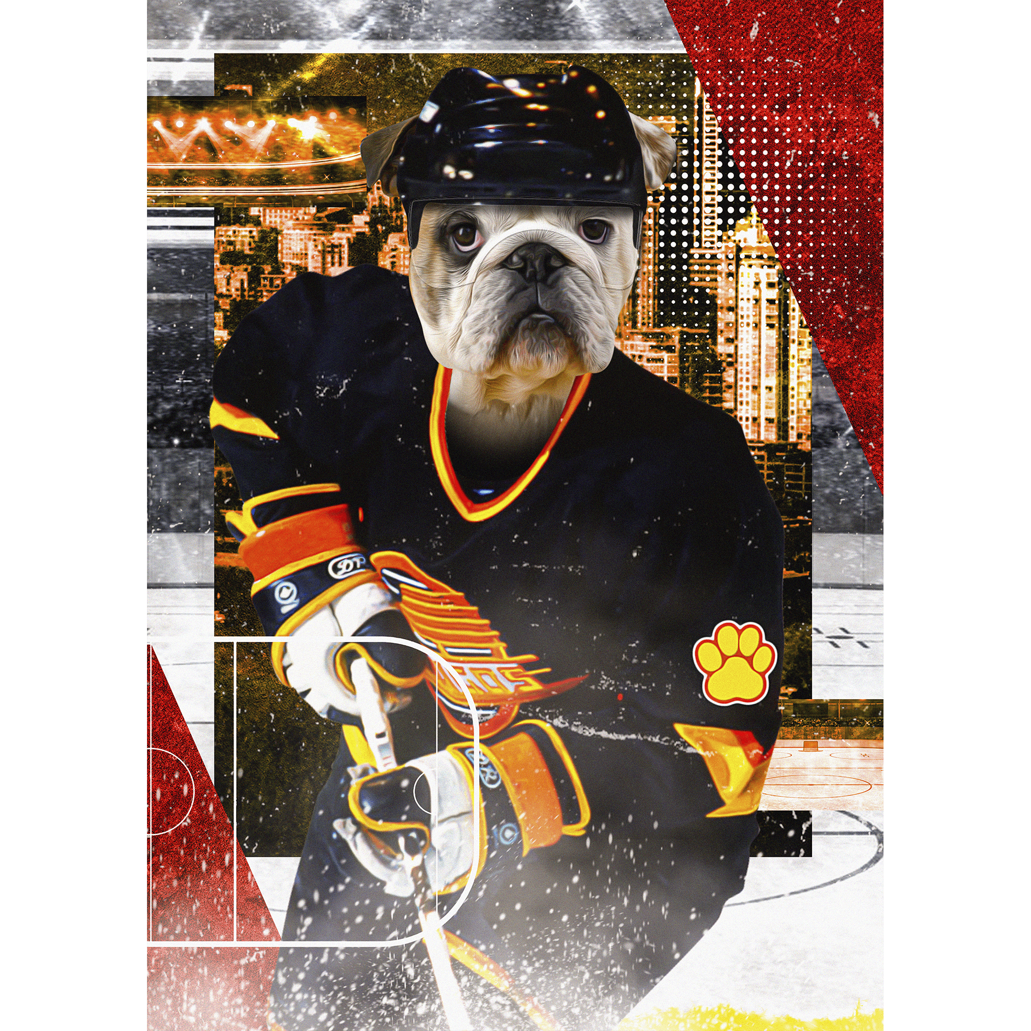 Personalized digital portrait of a bulldog in a black hockey jersey and helmet.