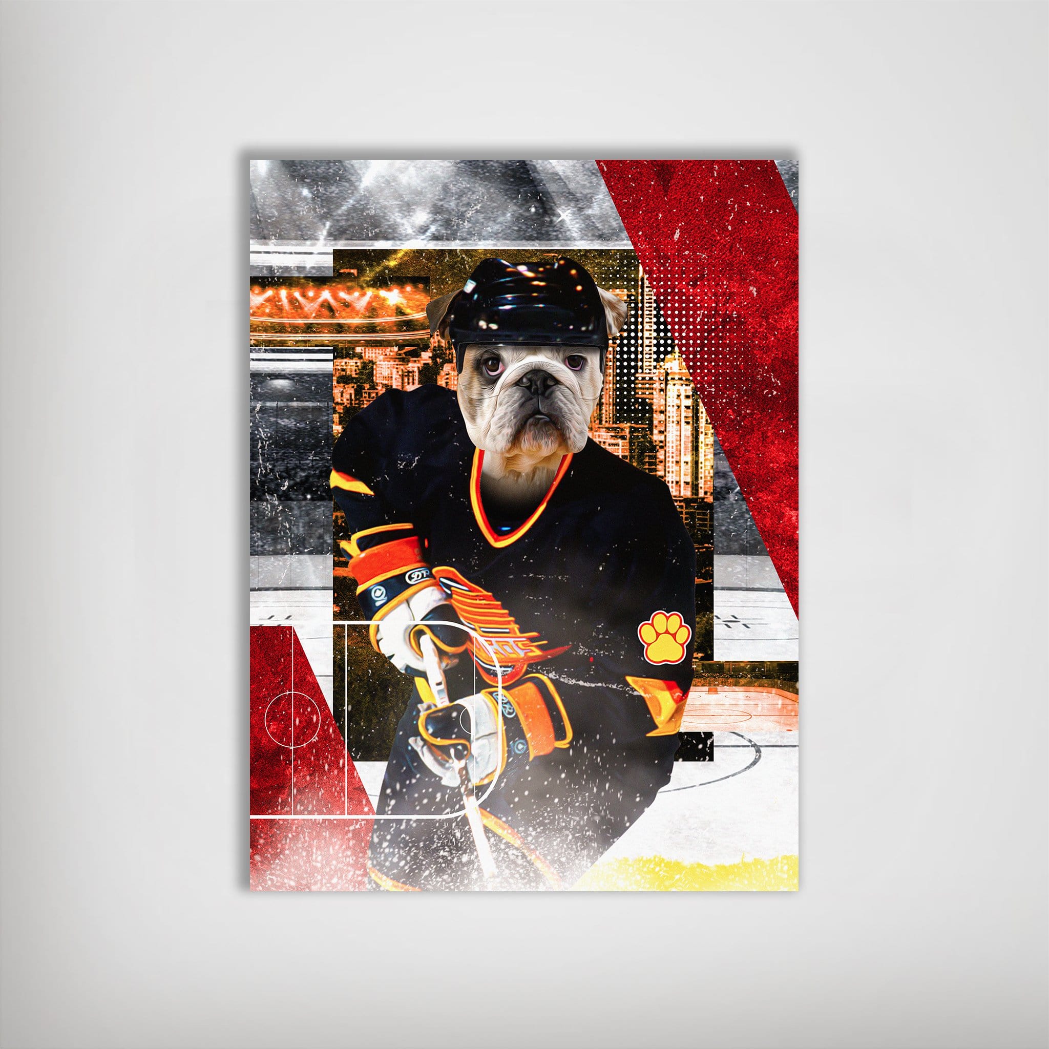 Personalized 'Vancouver Pawnucks' pet poster featuring a bulldog in a black and orange hockey uniform.